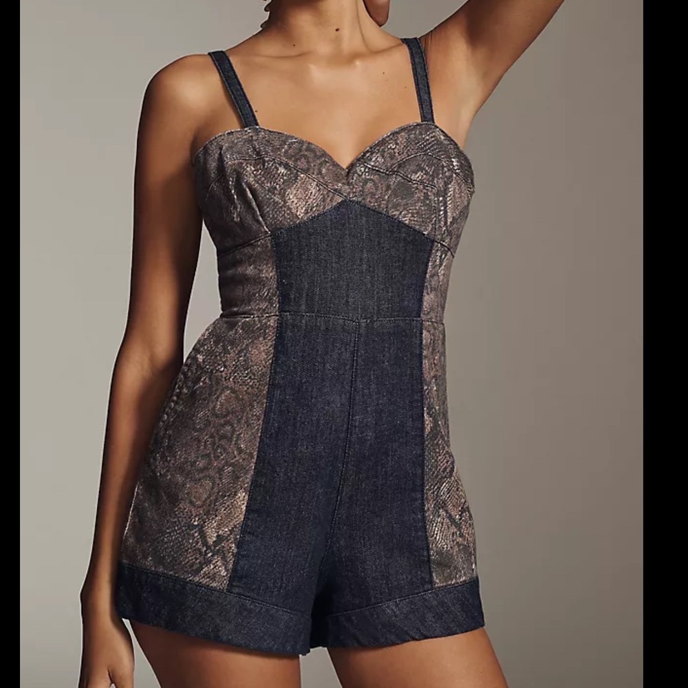 Pilcro Anthropologie Snakeskin Print Denim Romper Blue Brown Size 2 NWT